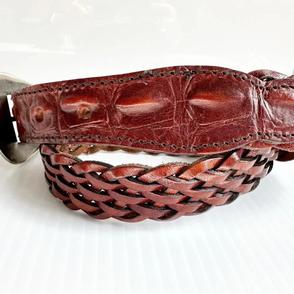 Vintage Crocodile Back, Woven Leather Belt Brown Silver Decorative Buckle
